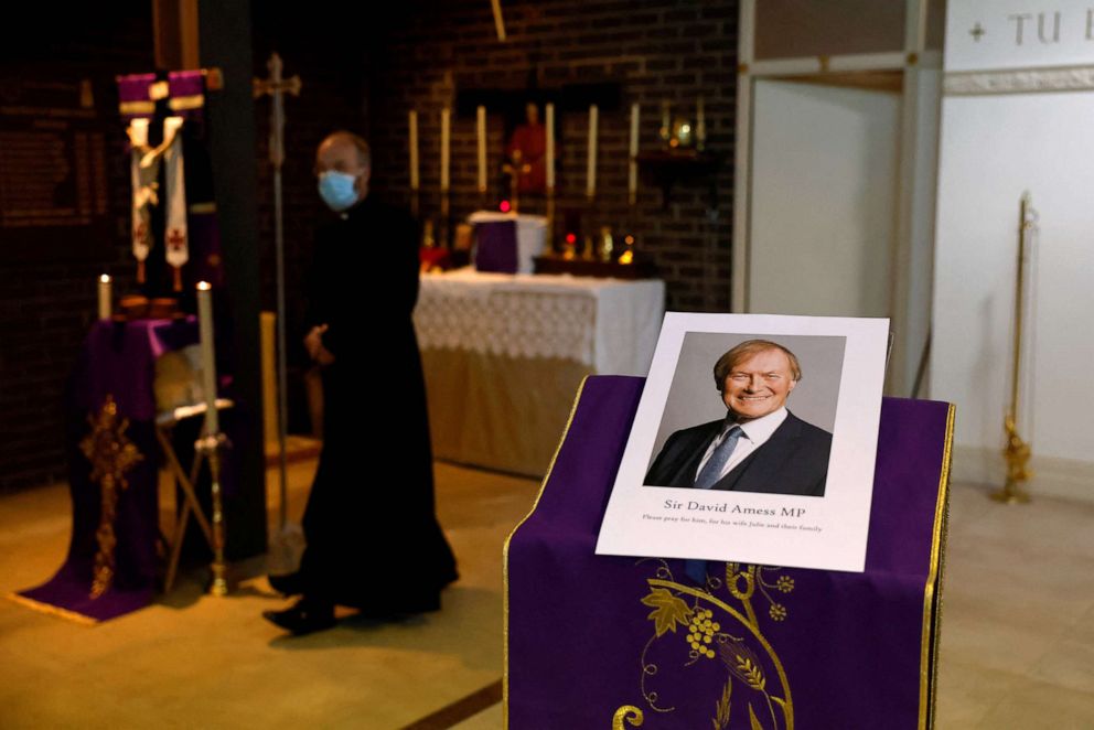 PHOTO: A photograph of Conservative British lawmaker David Amess, who was fatally stabbed, is placed for a service at Belfairs Methodist Church in Leigh-on-Sea, in southeast England, Oct. 15, 2021. 