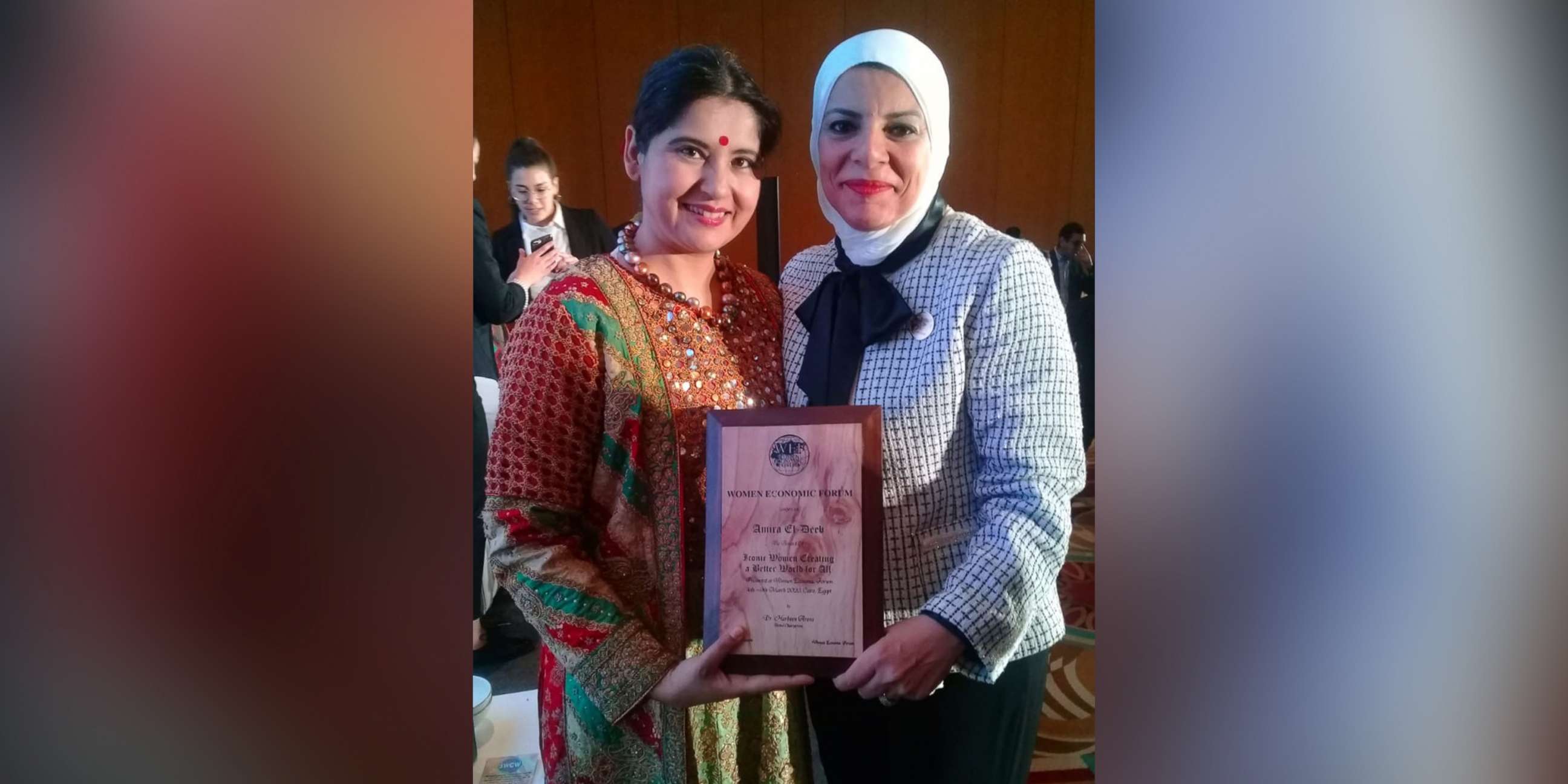 PHOTO: Amira El-Deeb, right, is pictured with Dr. Harbeen Arora, the founder of the Women's World Economic Forum at Women's World Economic Forum in Cairo, Egypt.