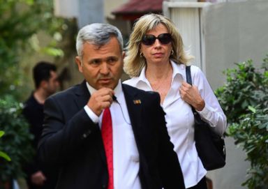 PHOTO: U.S consulate officials escort Norine Brunson, wife of American pastor Andrew Brunson, as she departs for her husbands court hearing on Oct. 12, 2018 in Izmir, Turkey.