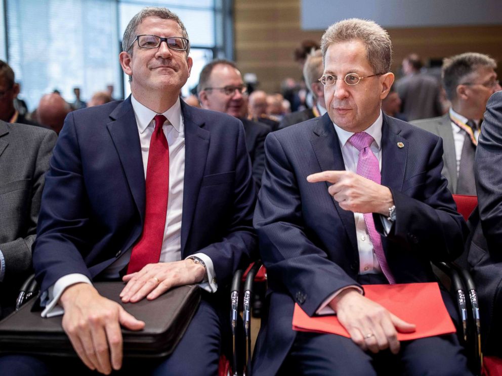 PHOTO: Andrew Parker, Director-General of the British Security Service MI5 and Hans-Georg Maassen, President of Germany's Federal Office for the Protection of the Constitution attend a conference themed "Hybrid threats, May 14, 2018 in Berlin.