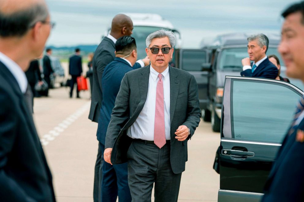 PHOTO: Andrew Kim, center, the head of the CIA's Korea Mission Center, arrives with Secretary of State Mike Pompeo (not in picture) at Sunan International Airport in Pyongyang, July 6, 2018.