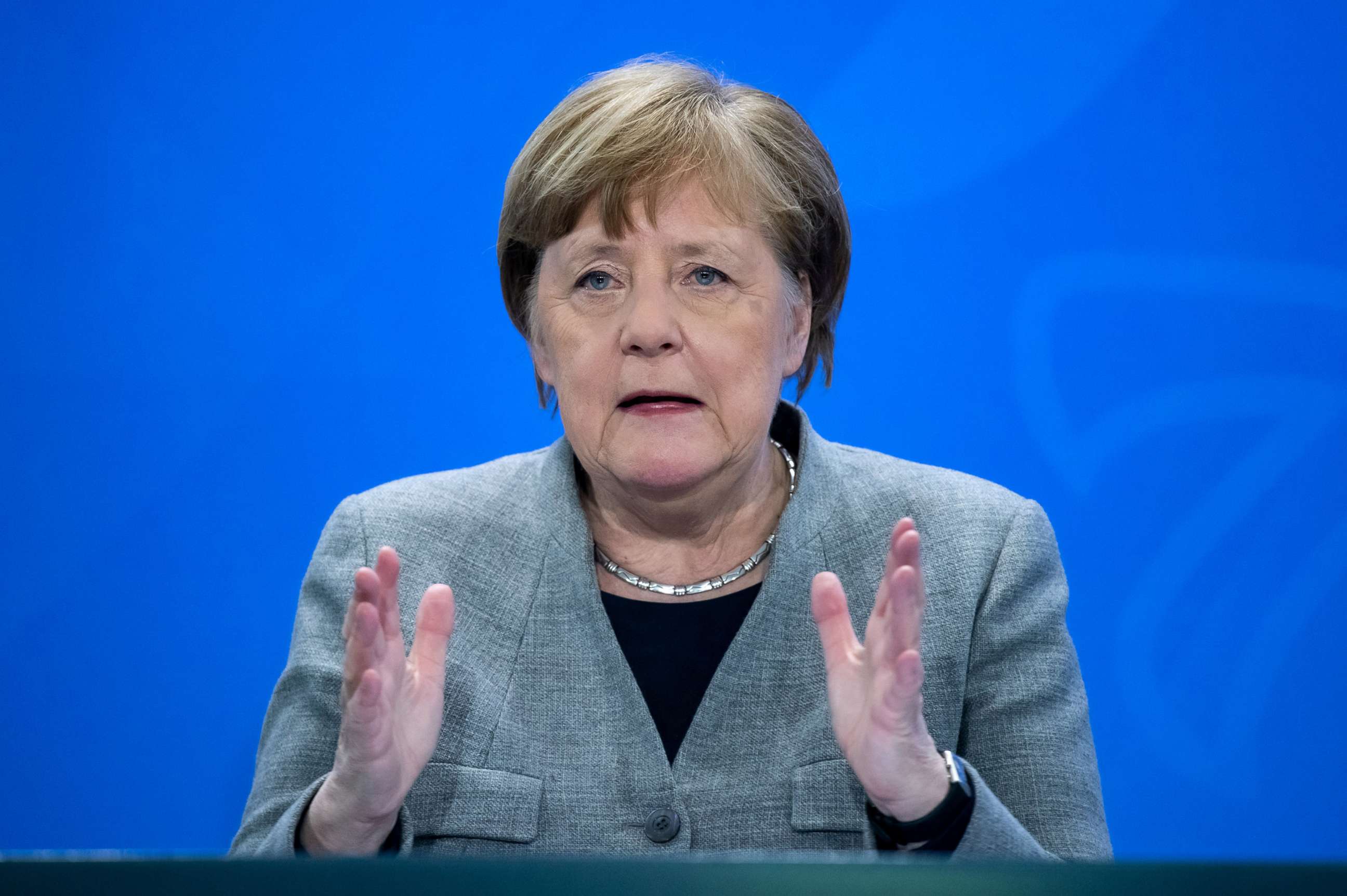 PHOTO: German Chancellor Angela Merkel holds a news conference in Berlin, Germany, April 15, 2020, as the spread of the coronavirus disease (COVID-19) continues in Munich. 