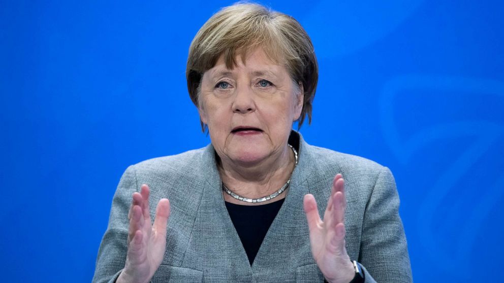 PHOTO: German Chancellor Angela Merkel holds a news conference in Berlin, Germany, April 15, 2020, as the spread of the coronavirus disease (COVID-19) continues in Munich. 