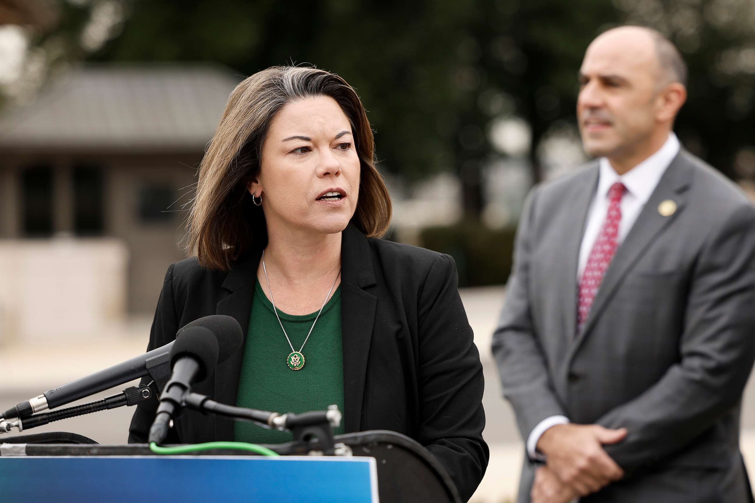 PHOTO: Rep. Angie Craig speaks at a press conference on the reintroduction of the bill "Ensuring Women's Right to Reproductive Freedom Act" outside the U.S. Capitol Building on Feb. 02, 2023 in Washington.