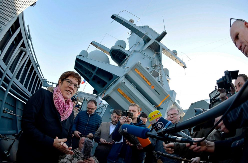 PHOTO: German Defence Minister Annegret Kramp-Karrenbauer gives a press statement on board of a military corvette as she visits German soldiers of the United Nations Interim Force in Lebanon (UNIFIL) on Dec. 19, 2019 at the Port of Limassol, Cyprus.