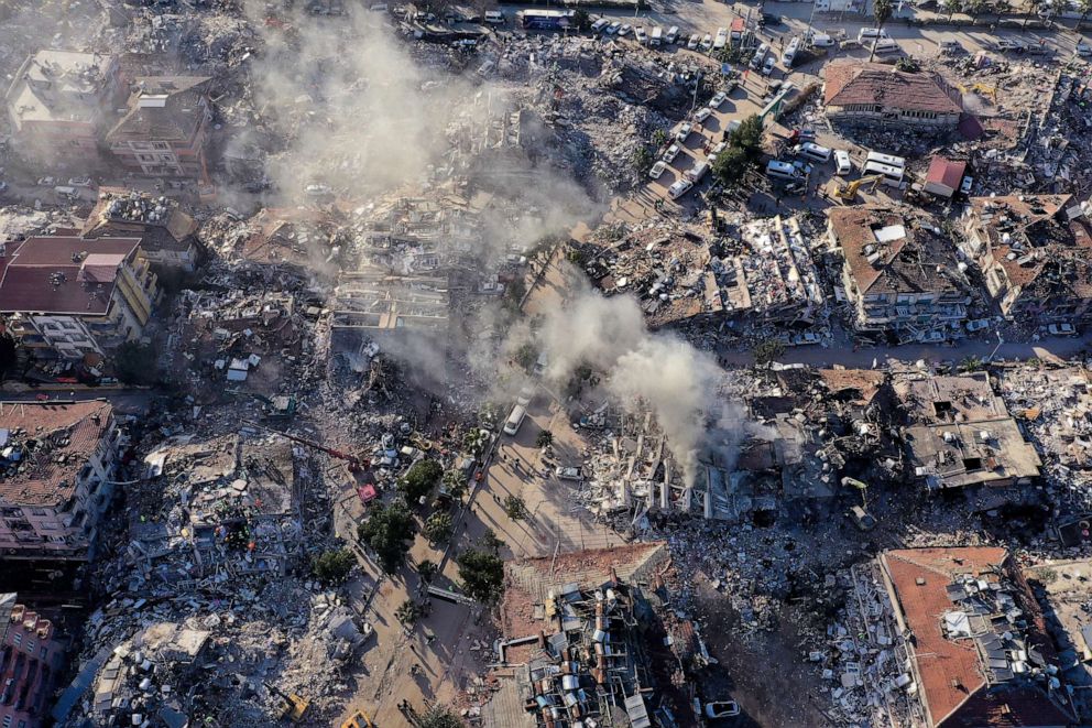 PHOTO: Destroyed buildings are seen from above in Antakya, southeastern Turkey, Feb. 9, 2023.