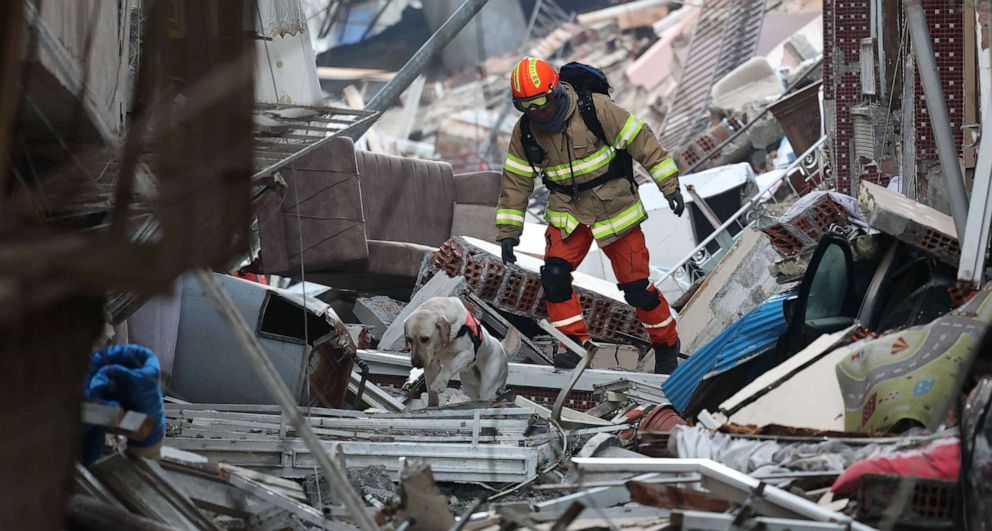 PHOTO: A member of a South Korean rescue team searches for survivors with the help of a bandaged rescue dog, at the site of a collapsed building in Antakya, Turkey, Feb. 10, 2023.