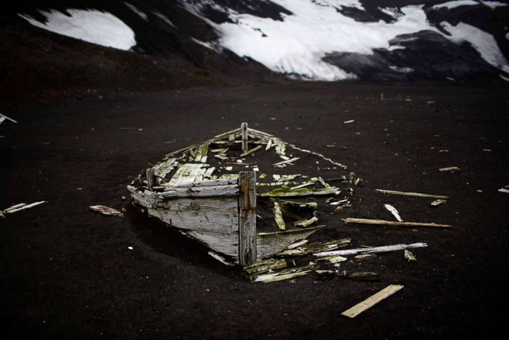 PHOTO: Remains of a boat belonging to an old whaling factory lie on the ground on Deception Island, in Antarctica, Feb. 17, 201