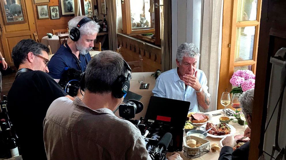 PHOTO: Anthony Bourdain is seen with a film crew at Wistub de la Petite Venise, a restaurant in Colmar, France, June 4, 2018.