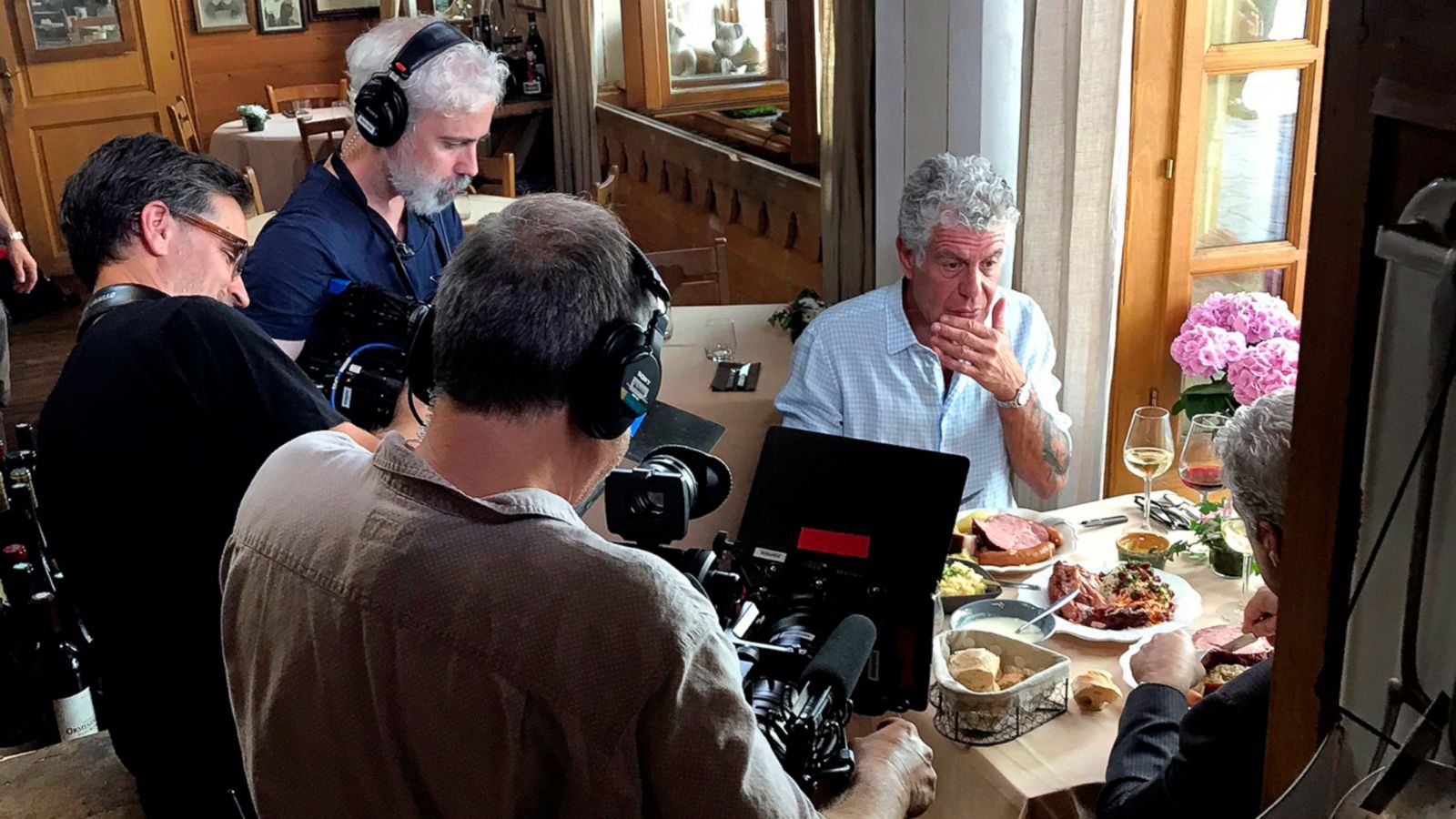 PHOTO: Anthony Bourdain is seen with a film crew at Wistub de la Petite Venise, a restaurant in Colmar, France, June 4, 2018.