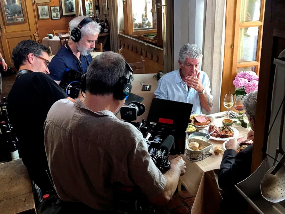 PHOTO: Anthony Bourdain is seen with a film crew at Wistub de la Petite Venise, a restaurant in Colmar, France, June 4, 2018.