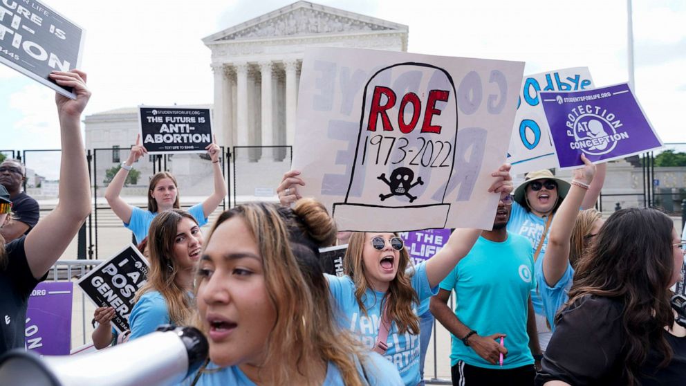 PHOTO: Demonstrators protest against abortion outside the U.S. Supreme Court in Washington, June 24, 2022.