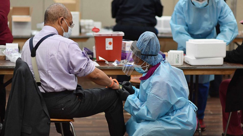 PHOTO: In this May 14, 2020, file photo, a registered nurse draws blood to test for COVID-19 antibodies at Abyssinian Baptist Church in the Harlem neighborhood of New York.