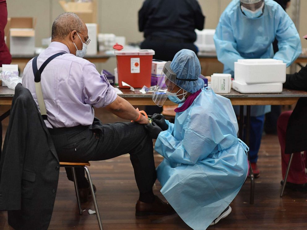 PHOTO: In this May 14, 2020, file photo, a registered nurse draws blood to test for COVID-19 antibodies at Abyssinian Baptist Church in the Harlem neighborhood of New York.