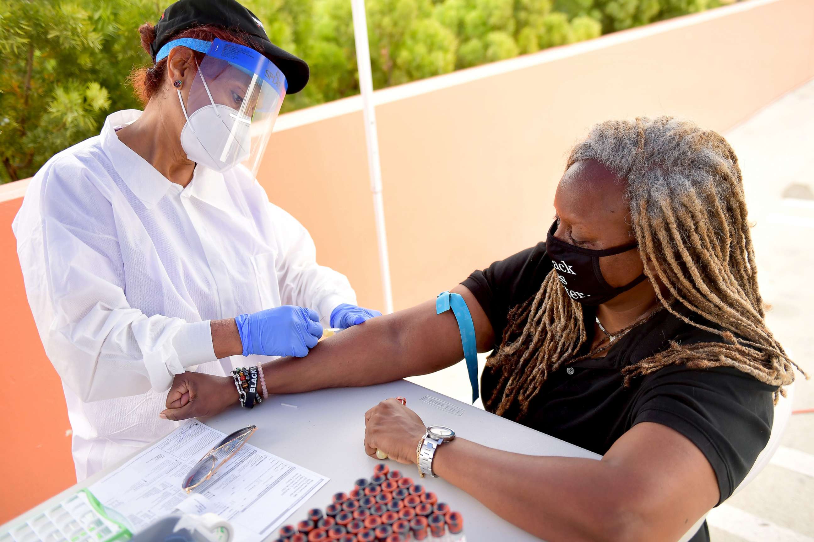PHOTO: ECWA Neighborhood Council Chair Gina Fields is seen at a free COVID-19 SARS-CoV-2 serology antibody testing community event, hosted by GUARDaHEART Foundation and Baldwin Hills Crenshaw Plaza on Aug. 05, 2020, in Los Angeles.