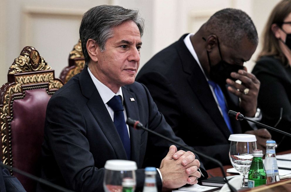 PHOTO: U.S. Secretary of State Antony Blinken, left, and U.S. Secretary of Defense Lloyd Austin meet with their Qatari counterparts (not seen) at the Qatari Ministry of Foreign Affairs in Doha, Qatar, on Sept. 7, 2021.