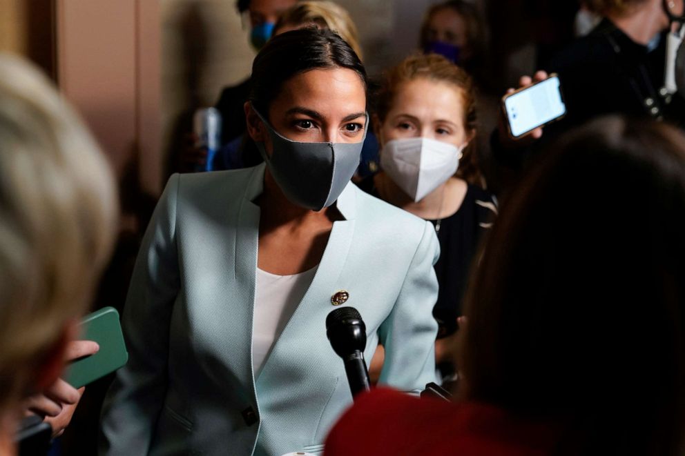 PHOTO: Rep. Alexandria Ocasio-Cortez speaks with reporters on Capitol Hill in Washington, Oct. 1, 2021.