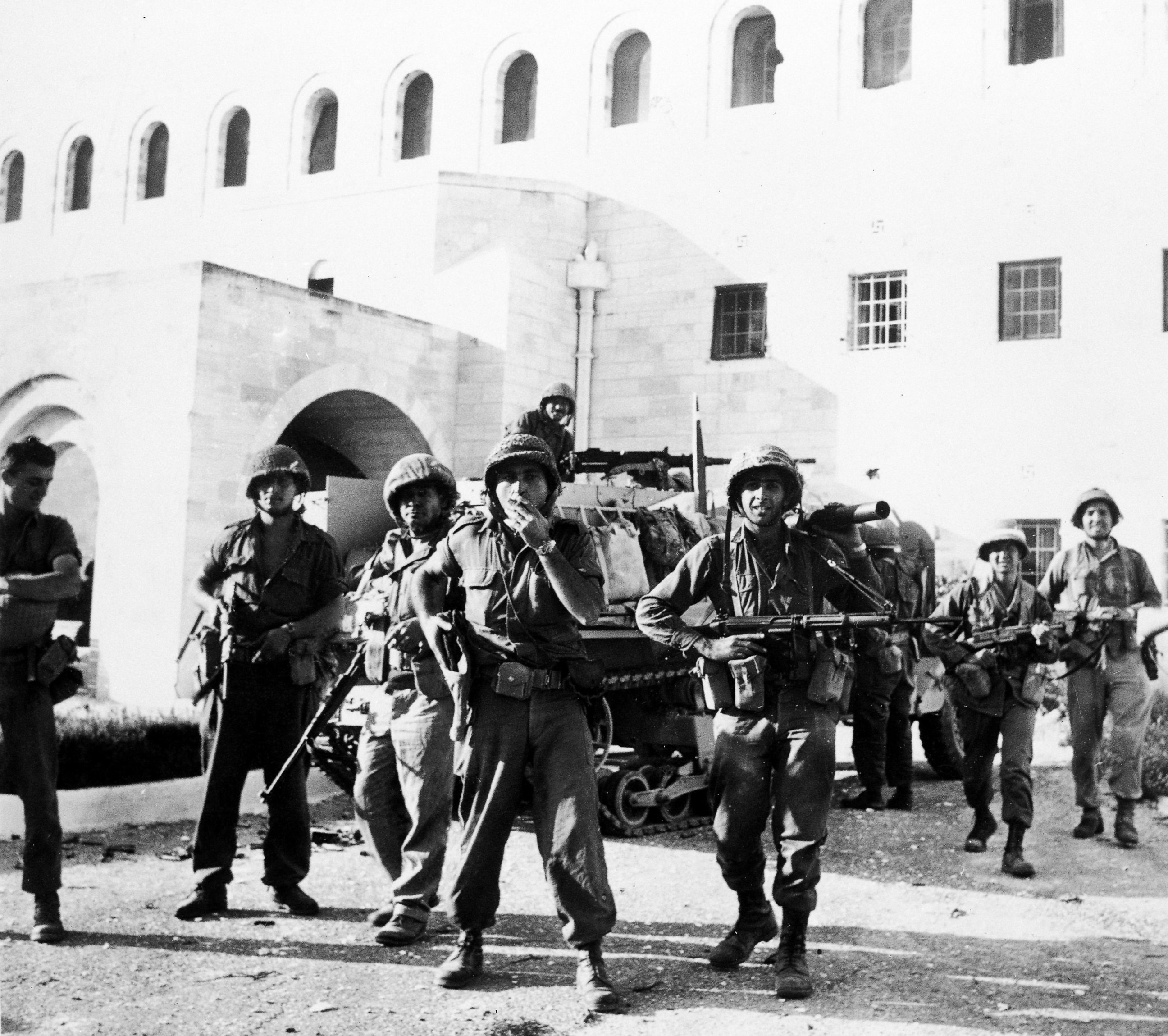PHOTO: Israeli troops are seen at Government House in the old city of Jerusalem after they had taken over the Jordan held part of the city following heavy fighting, June 6, 1967. 