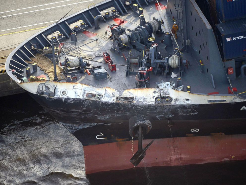 PHOTO: The container ship ACX Crystal with its left bow dented and scraped after colliding with the USS Fitzgerald in the waters off the Izu Peninsula, is berthed at the Oi Container Terminal in Tokyo, June 17, 2017.