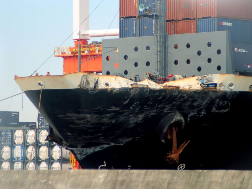 PHOTO: The container ship ACX Crystal with its left bow dented and scraped after colliding with the USS Fitzgerald in the waters off the Izu Peninsula on June 17, 2017, is berthed at the Yokohama port near Tokyo, June 19, 2017.