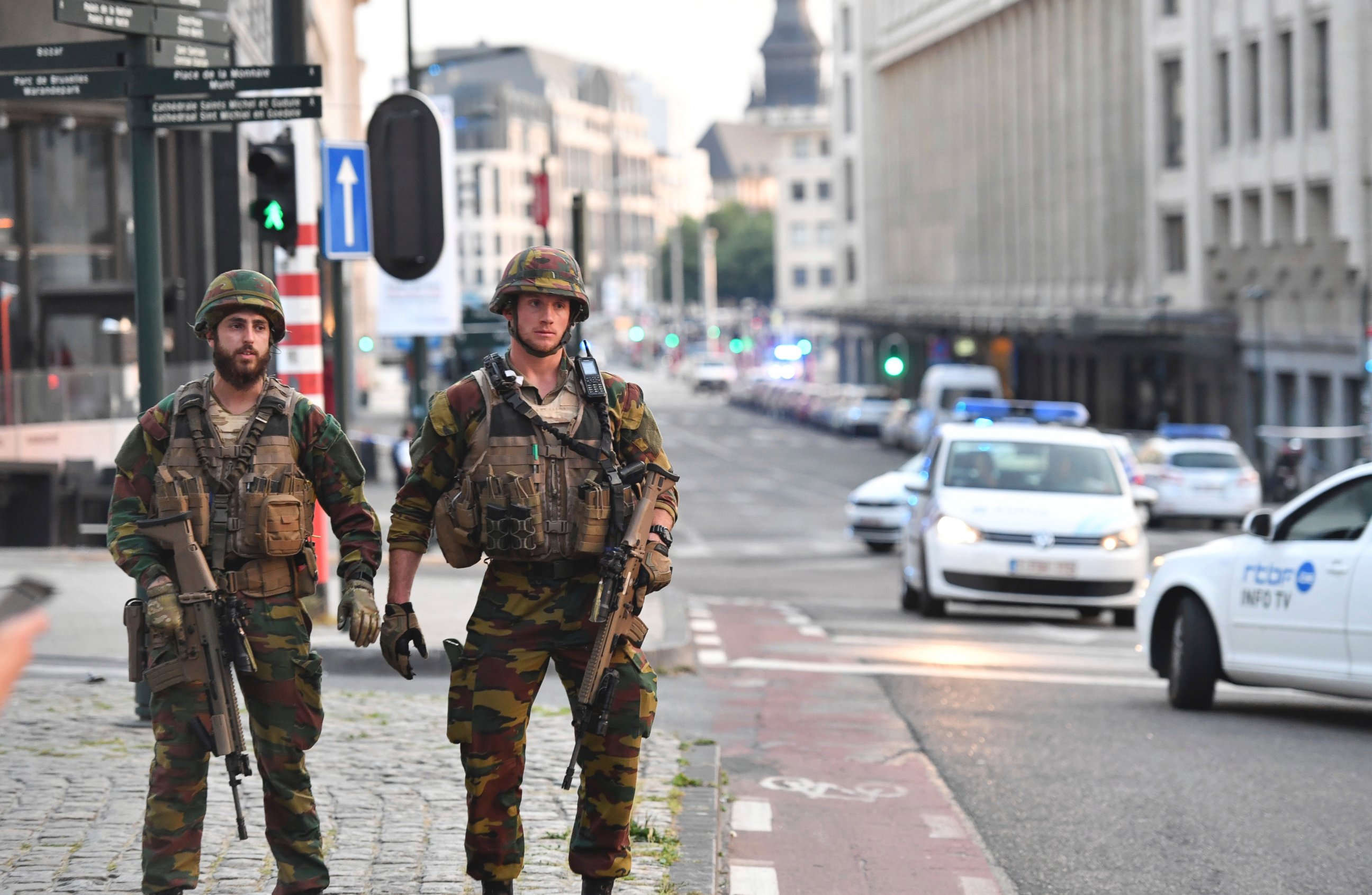 PHOTO: Belgian Army soldiers patrol outside Central Station after a reported explosion in Brussels on Tuesday, June 20, 2017.