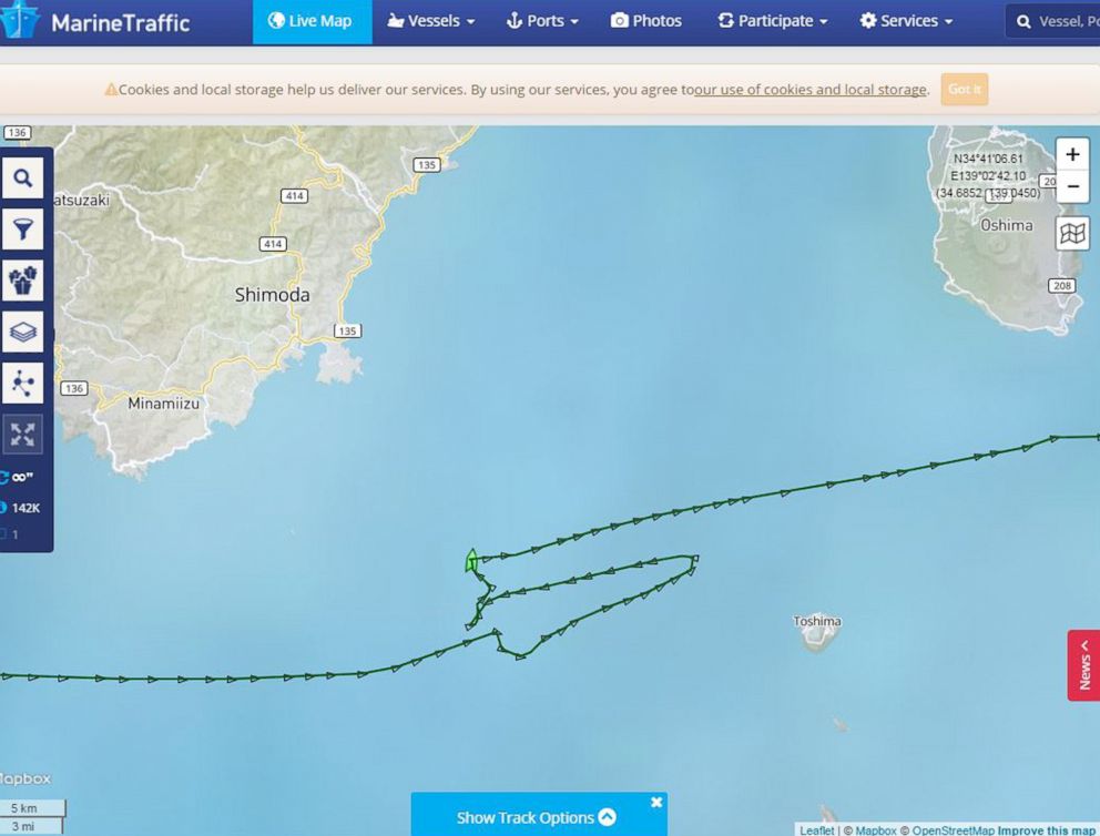 PHOTO: A screenshot provided by vessel-tracking service MarineTraffic shows the route of the container ship ACX Crystal that collided with the USS Fitzgerald in the waters southwest of Tokyo, June 16, 2017, killing seven U.S. sailors. 