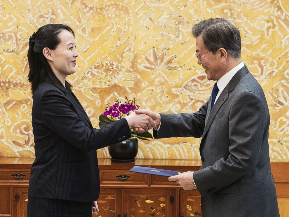 South Korean President Moon Jae-in, right, shakes hands with Kim Yo Jong, North Korean leader Kim Jong Un's sister, after receiving a letter at the presidential house in Seoul, South Korea, Saturday, Feb. 10, 2018. 