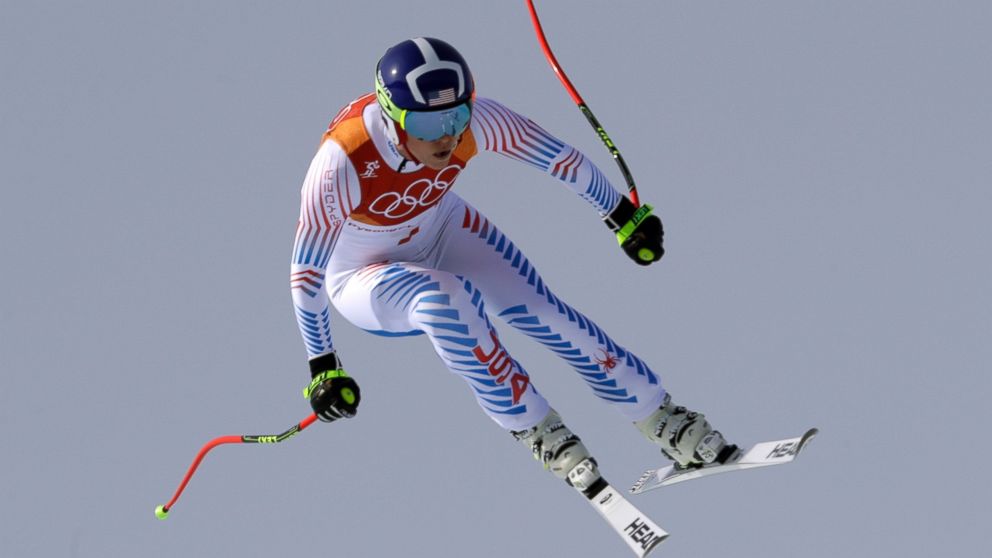 United States' Lindsey Vonn jumps while competing in the women's downhill at the 2018 Winter Olympics in Jeongseon, South Korea, Wednesday, Feb. 21, 2018.