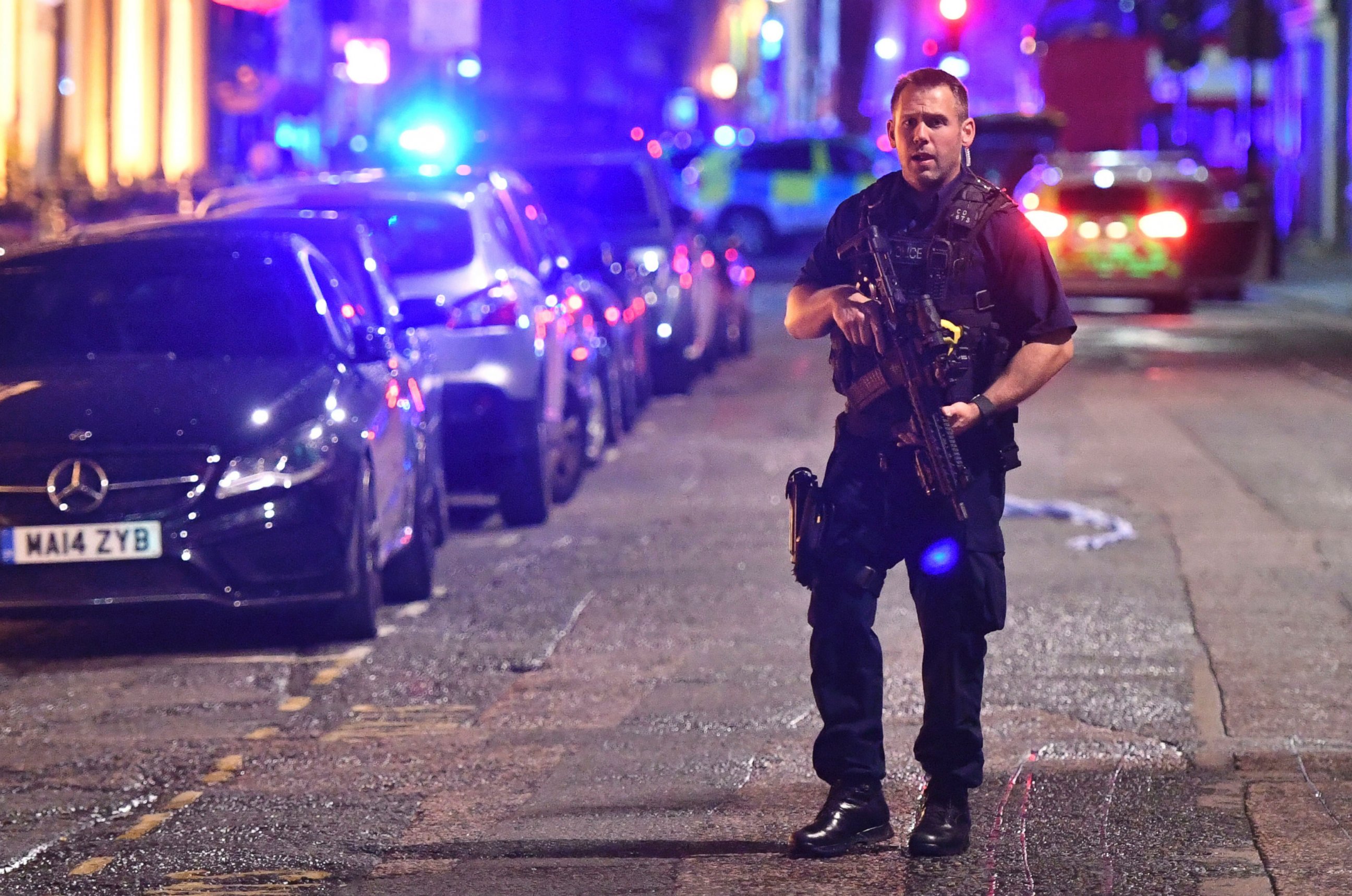 PHOTO: An armed police officer stands on Borough High Street as police are dealing with an incident on London Bridge in London, Saturday, June 3, 2017.