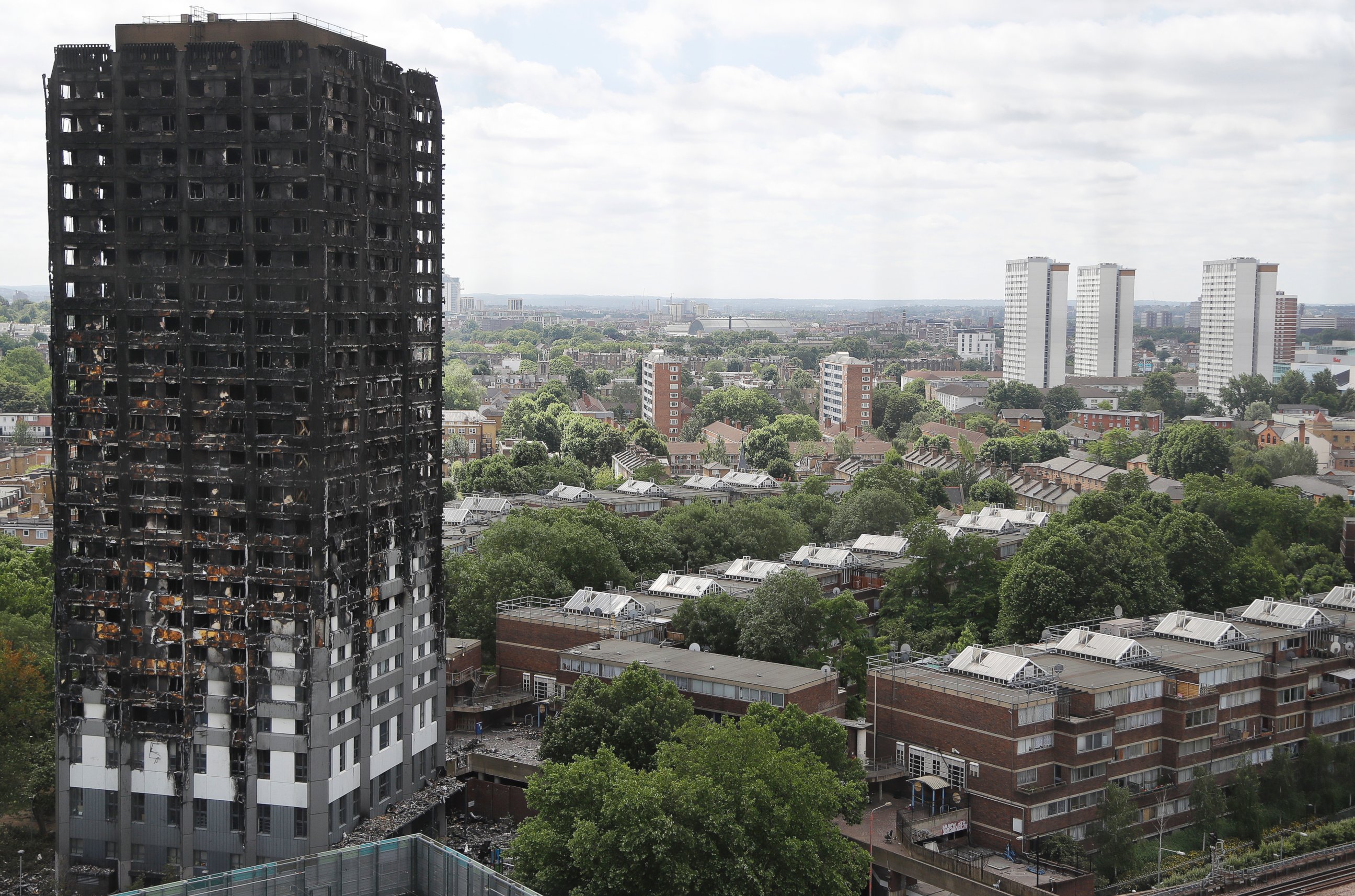 PHOTO: The burnt Grenfell Tower apartment building stands after a devastating fire in London, June 23, 2017.