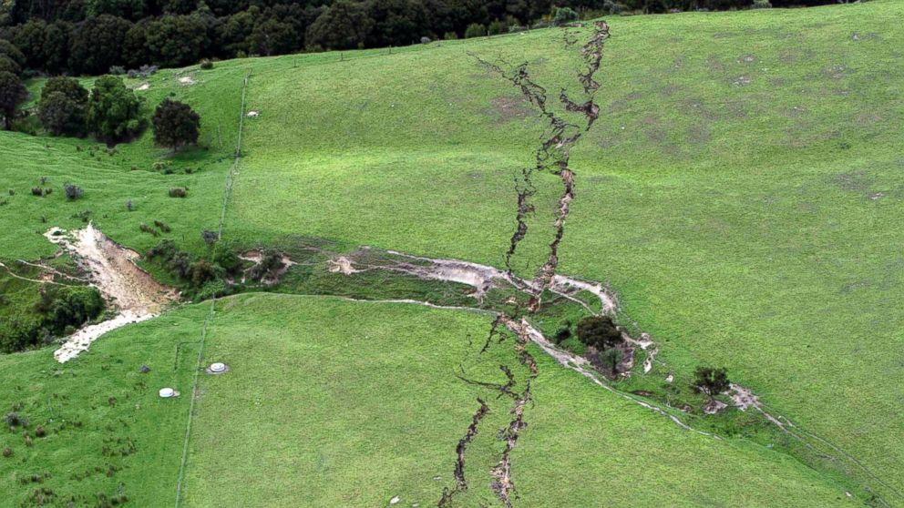 PHOTO: Cracks in farmland around Conway near Kaikoura, New Zealand, are seen after a powerful earthquake, Nov. 14, 2016. 