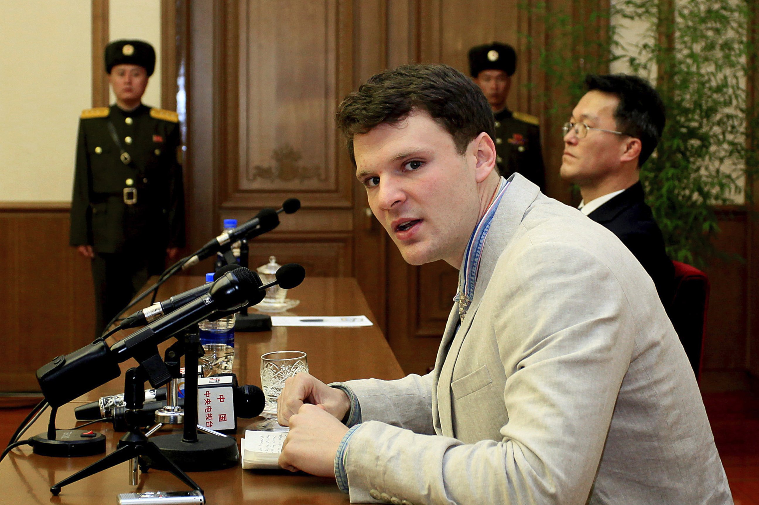 PHOTO: American student Otto Warmbier speaks to reporters in Pyongyang, North Korea, Feb. 29, 2016.