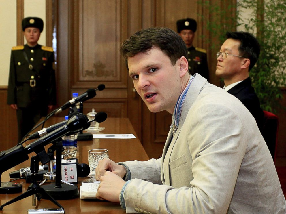 PHOTO: American student Otto Warmbier speaks to reporters in Pyongyang, North Korea, Feb. 29, 2016.