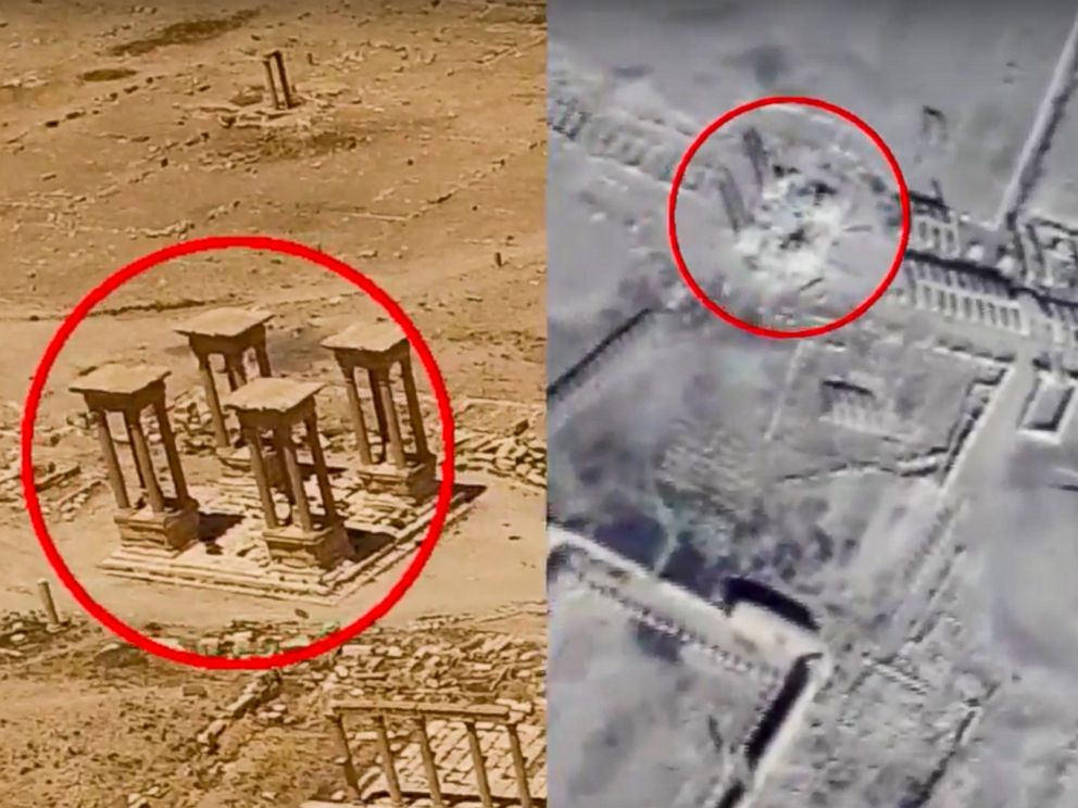 PHOTO: Footage taken from the Russian Defense Ministry official website, purports to show the Tetrapylon, a set of four monuments with four columns on June 6, 2016, left, and on Feb. 5, 2017, right, in Palmyra, Syria.