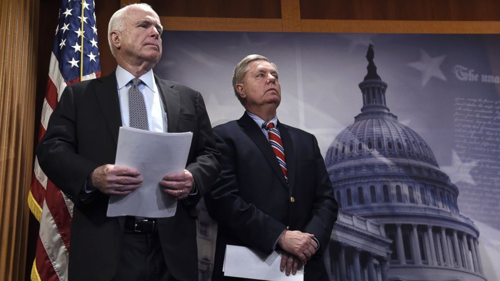 In this Jan. 21, 2016 file photo, Sen. John McCain and Sen. Lindsey Graham wait to speak during a news conference on Capitol Hill in Washington.