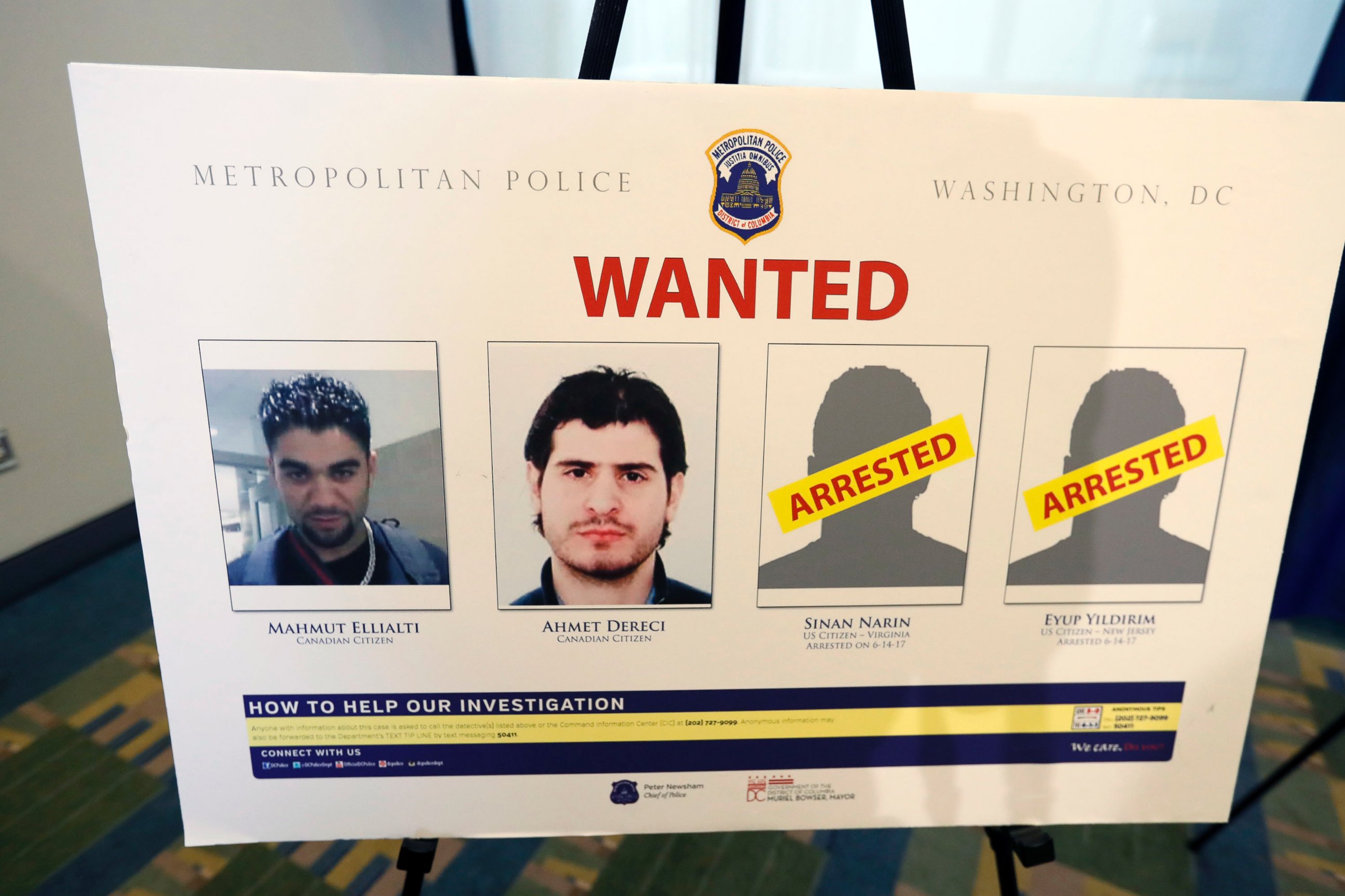 PHOTO: A wanted poster is displayed at a news conference in Washington, D.C., June 15, 2017, during an announcement about arrest warrants in the May 16, 2017, altercation outside the Turkish Embassy. 