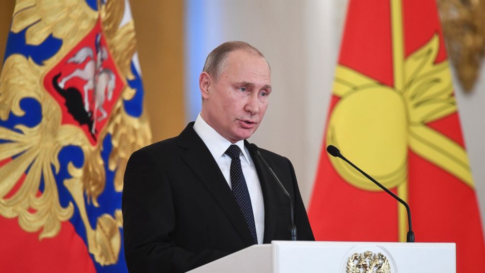 Russian President Vladimir Putin delivers a speech during an award ceremony in the Kremlin, in Moscow, Russia, Thursday, Dec. 28, 2017.