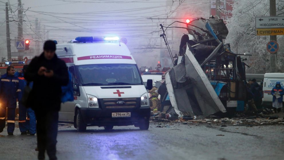 An ambulance leaves the site of a trolleybus explosion in Volgograd, Russia, Monday, Dec. 30, 2013.  