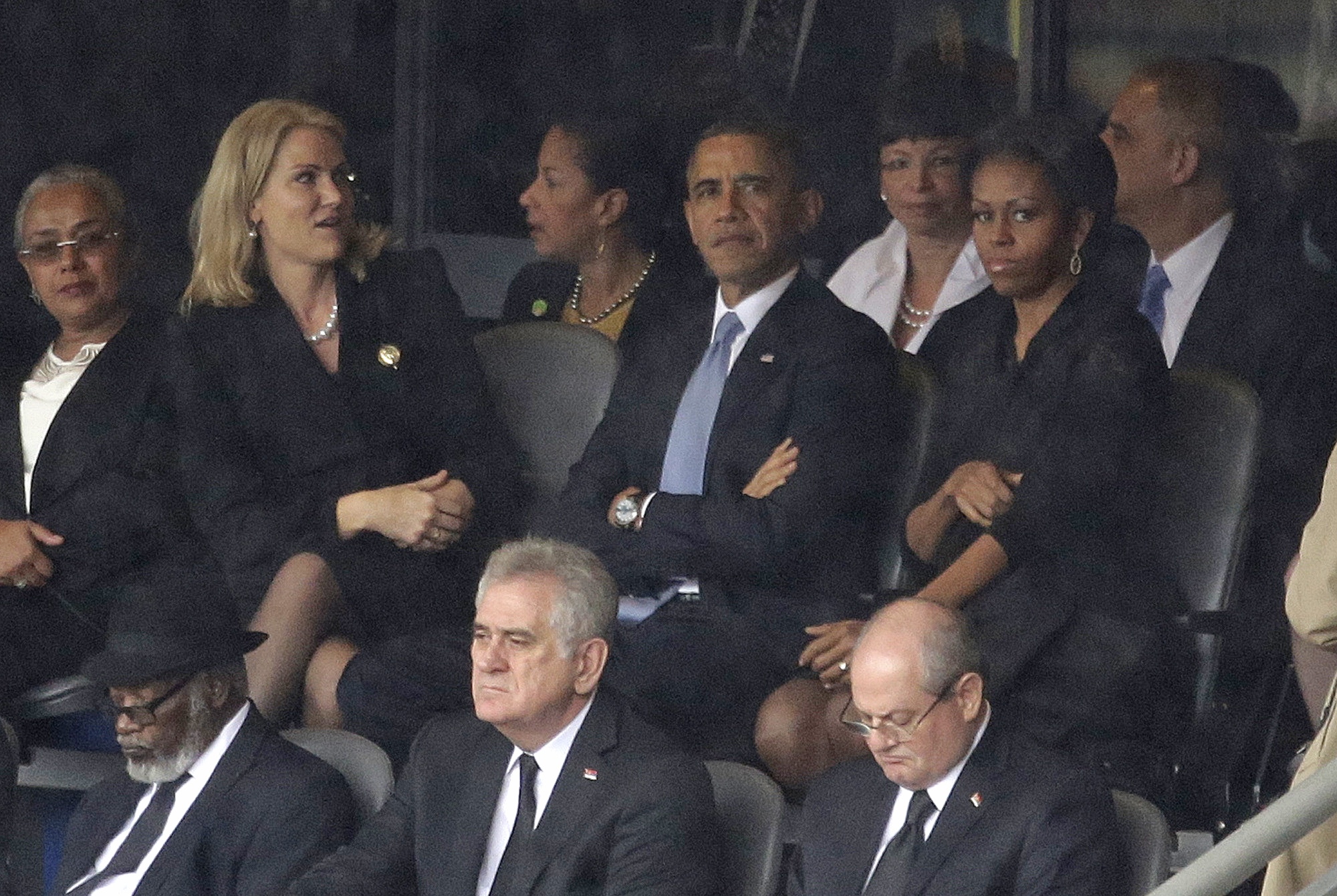 PHOTO: President Barack Obama and first lady Michelle Obama attend the memorial service for former South African president Nelson Mandela at the FNB Stadium in Soweto, near Johannesburg, South Africa, Dec. 10, 2013. 