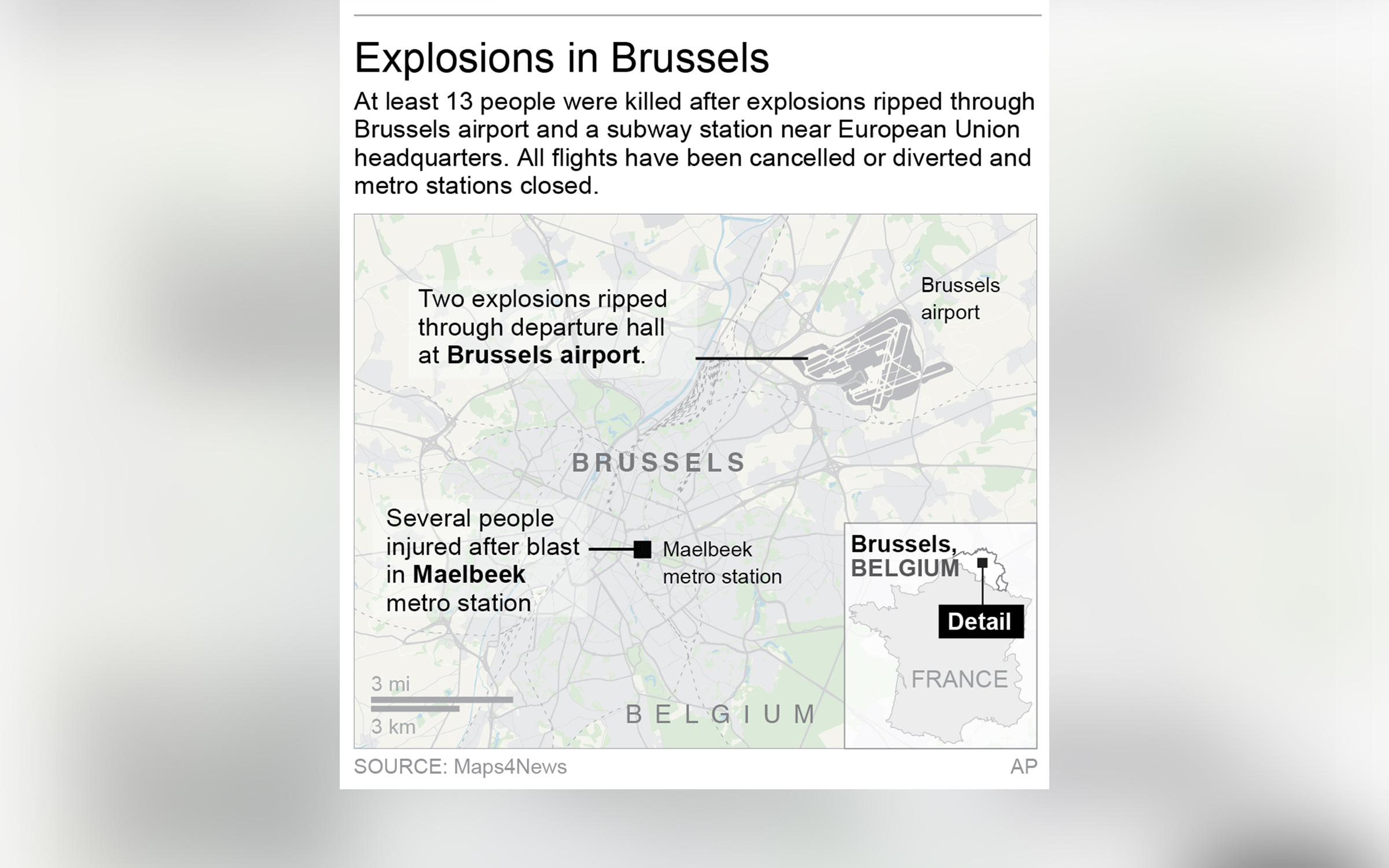 PHOTO: A map from the Associated Press shows the locations of the Brussels airport and Maelbeek metro station in Belgium.