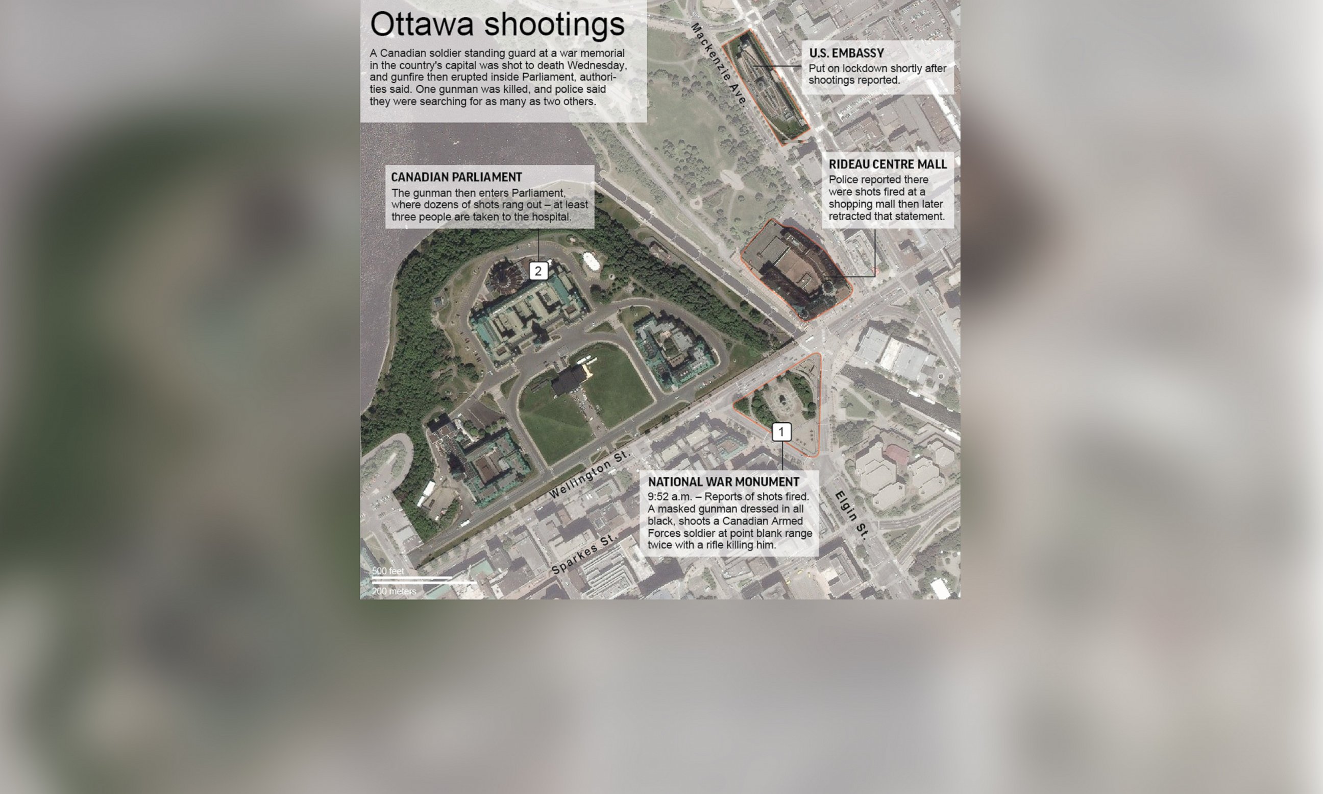 PHOTO: An AP map shows the locations of the National War Monument, Parliament and a shopping mall in Ottawa, Canada where gun shots were reported on Oct. 22, 2014.