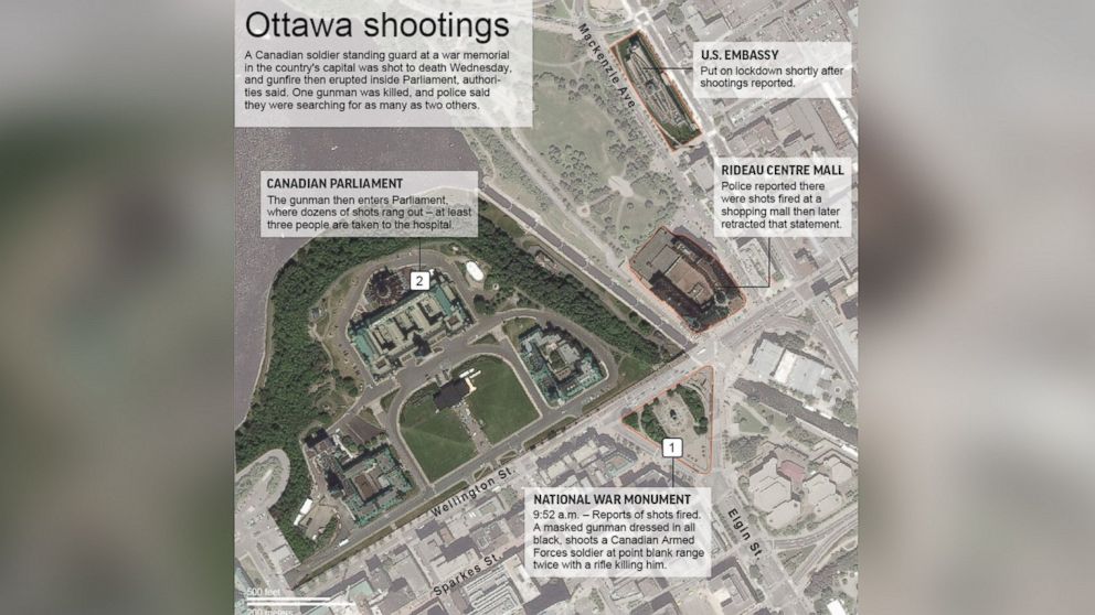PHOTO: An AP map shows the locations of the National War Monument, Parliament and a shopping mall in Ottawa, Canada where gun shots were reported on Oct. 22, 2014.