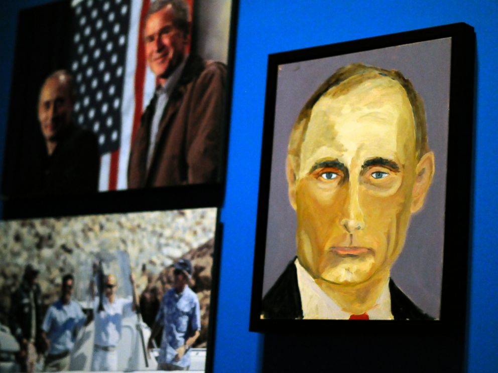 PHOTO: A portrait of Russian President Vladimir Putin which is part of the exhibit The Art of Leadership: A Presidents Diplomacy, are on display at the George W. Bush Presidential Library and Museum in Dallas, April 4, 2014.