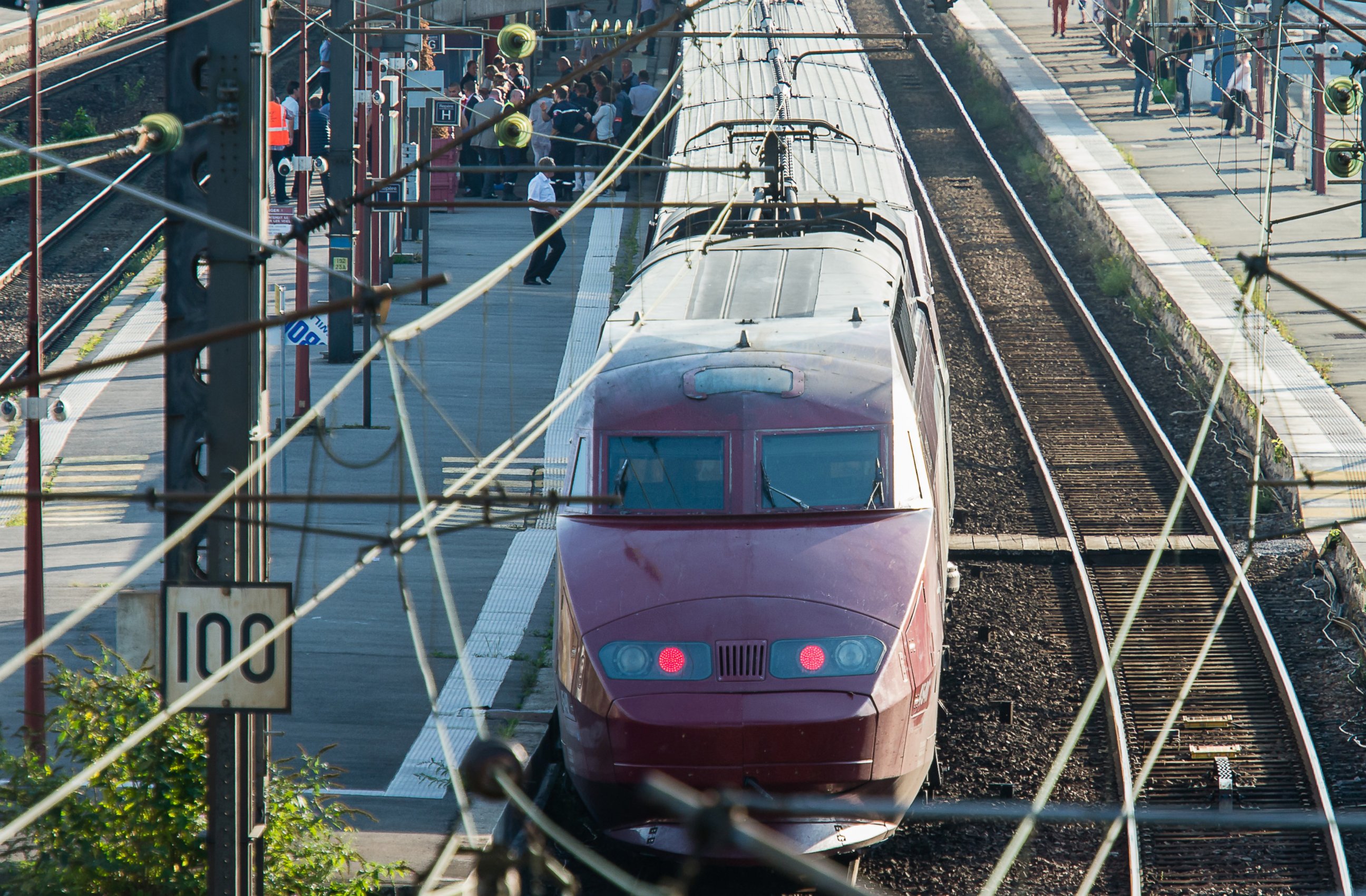 PHOTO: A Thalys train of French national railway operator, SNCF, stands at the main train station in Arras, northern France, after a gunman opened fire, Aug. 21, 2015. 