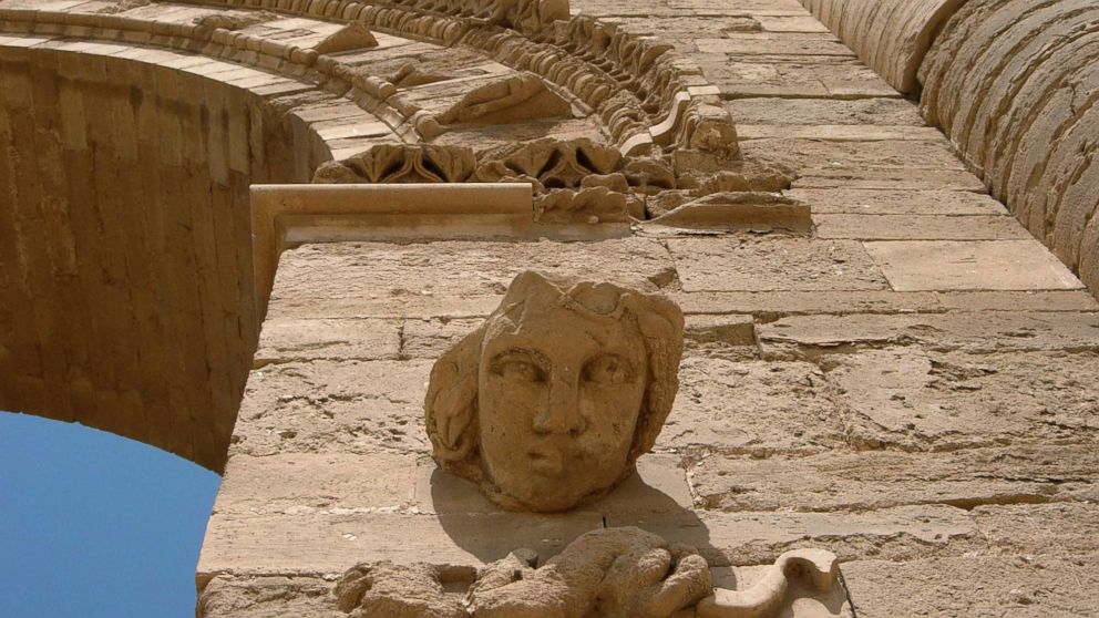 PHOTO: In this July 27, 2005 file photo, the face of a woman stares down at visitors in the Hatra ruins, 320 kilometers (200 miles) north of Baghdad, Iraq. 