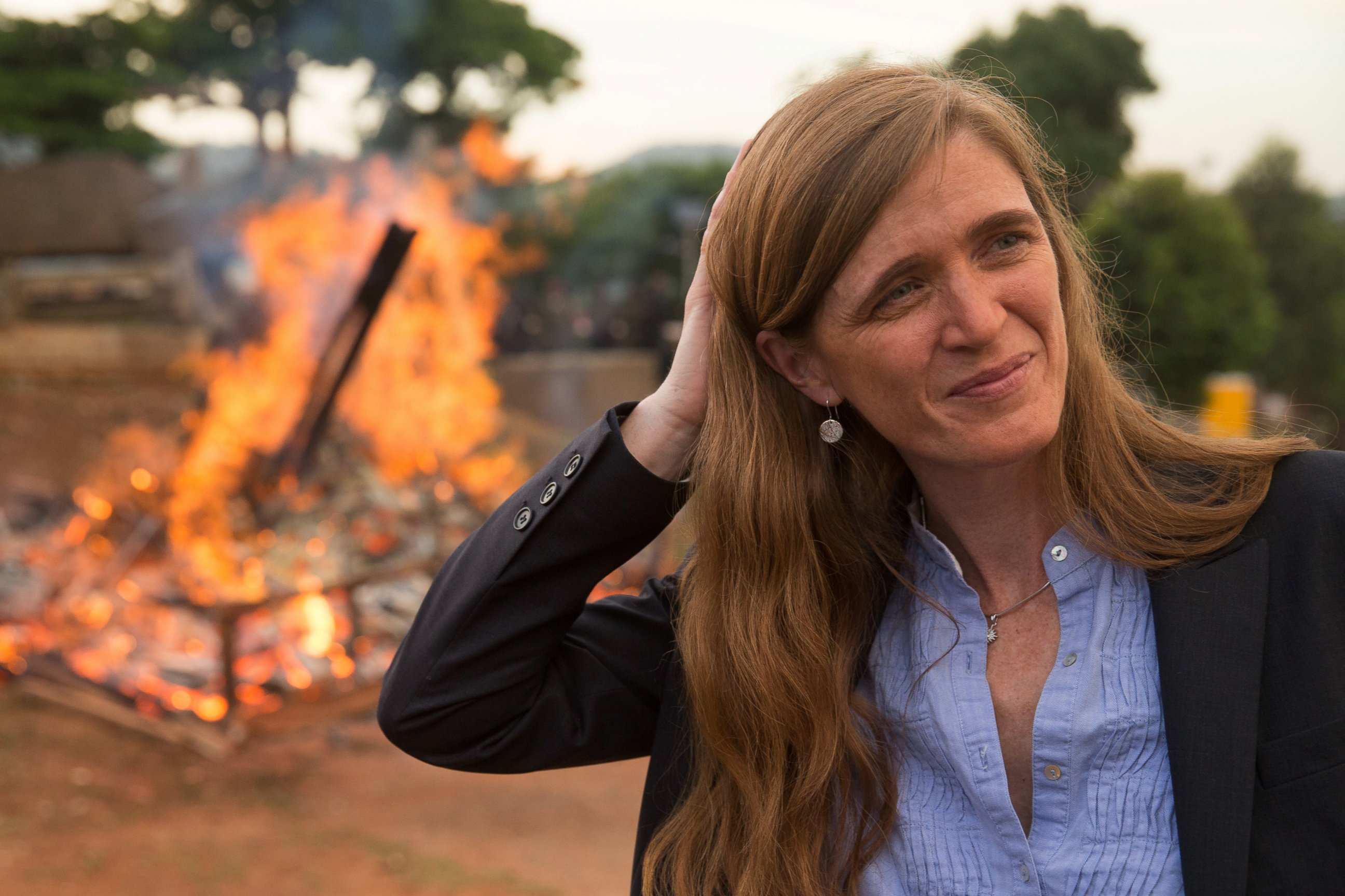 PHOTO: U.S. Ambassador to the United Nations Samantha Power stands near the first Cameroon Ivory Burn at the Palais des Congres in Yaounde, Cameroon, April 19, 2016.