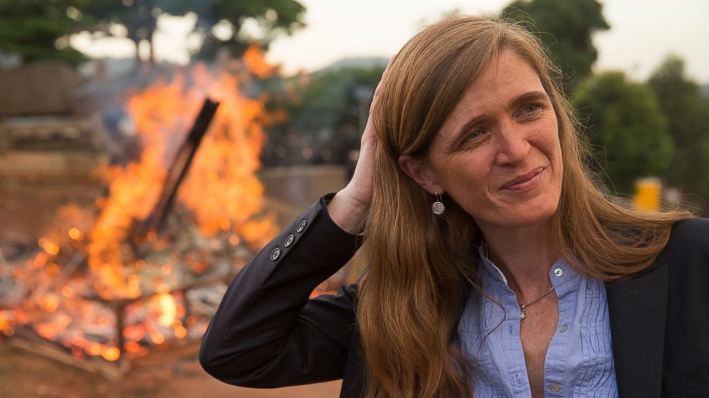 PHOTO: U.S. Ambassador to the United Nations Samantha Power stands near the first Cameroon Ivory Burn at the Palais des Congres in Yaounde, Cameroon, April 19, 2016.