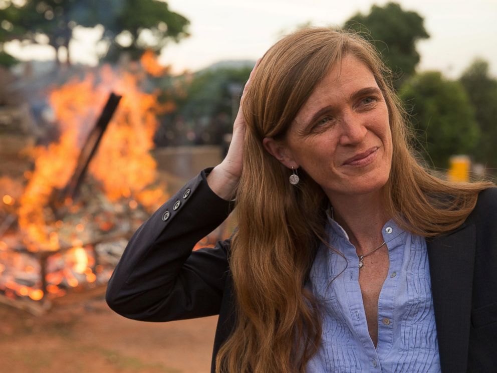 PHOTO: U.S. Ambassador to the United Nations Samantha Power stands near the first Cameroon Ivory Burn at the Palais des Congres in Yaounde, Cameroon, April 19, 2016.
