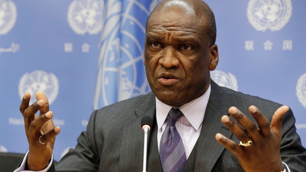 Ambassador John Ashe, of Antigua and Barbuda, then President of the General Assembly 68th session, speaks during a news conference at United Nations headquarters, Sept. 17, 2013.