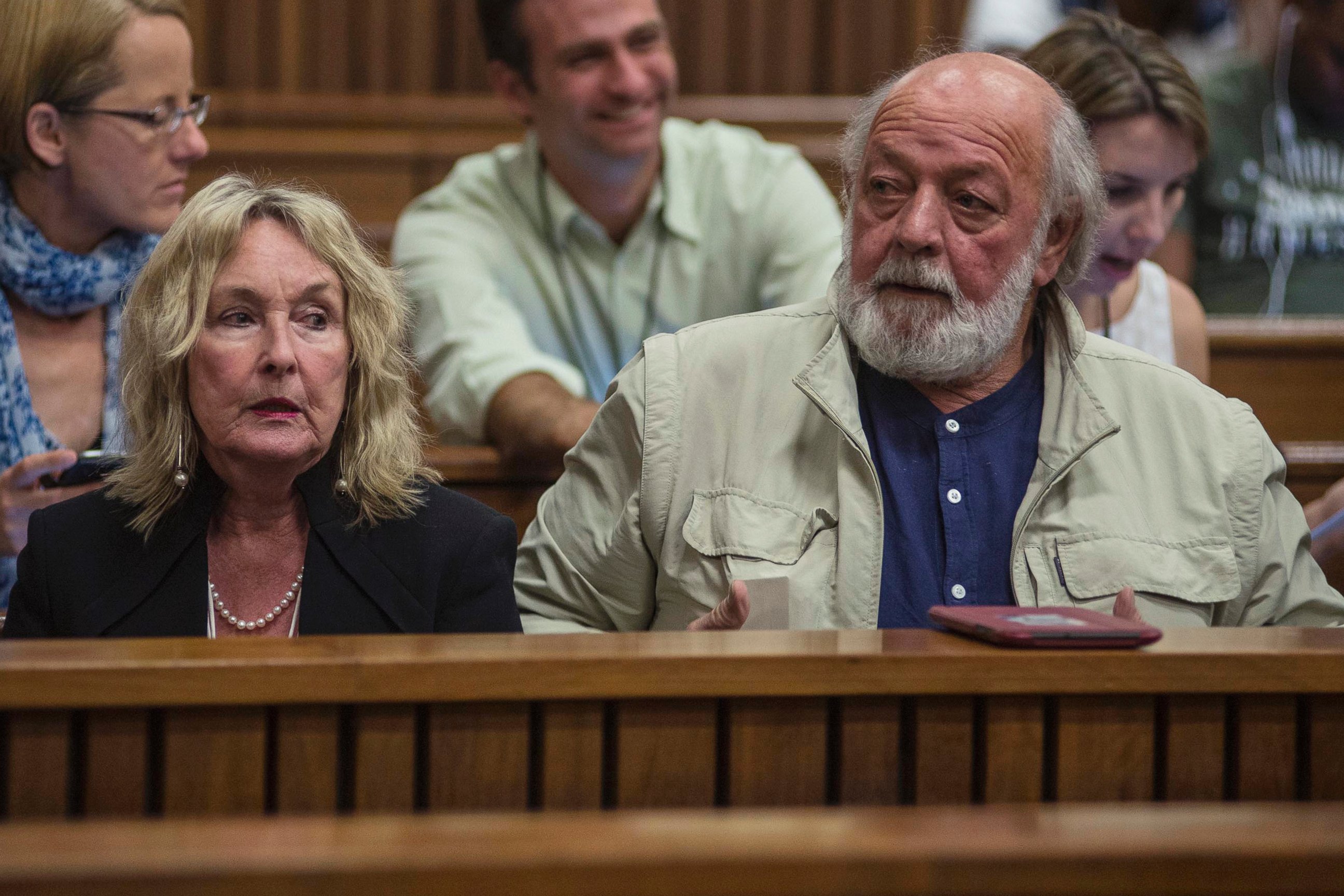 PHOTO: June and Barry Steenkamp, parents of the late Reeva Steenkamp, attend court on the third day of mitigation of sentencing for Oscar Pistorius at the high court in Pretoria, South Africa, Oct. 15, 2014.